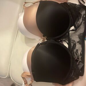 3 Victoria’s Secret Bombshell Add-2-Cups Push-Up Bra in white, black and beige